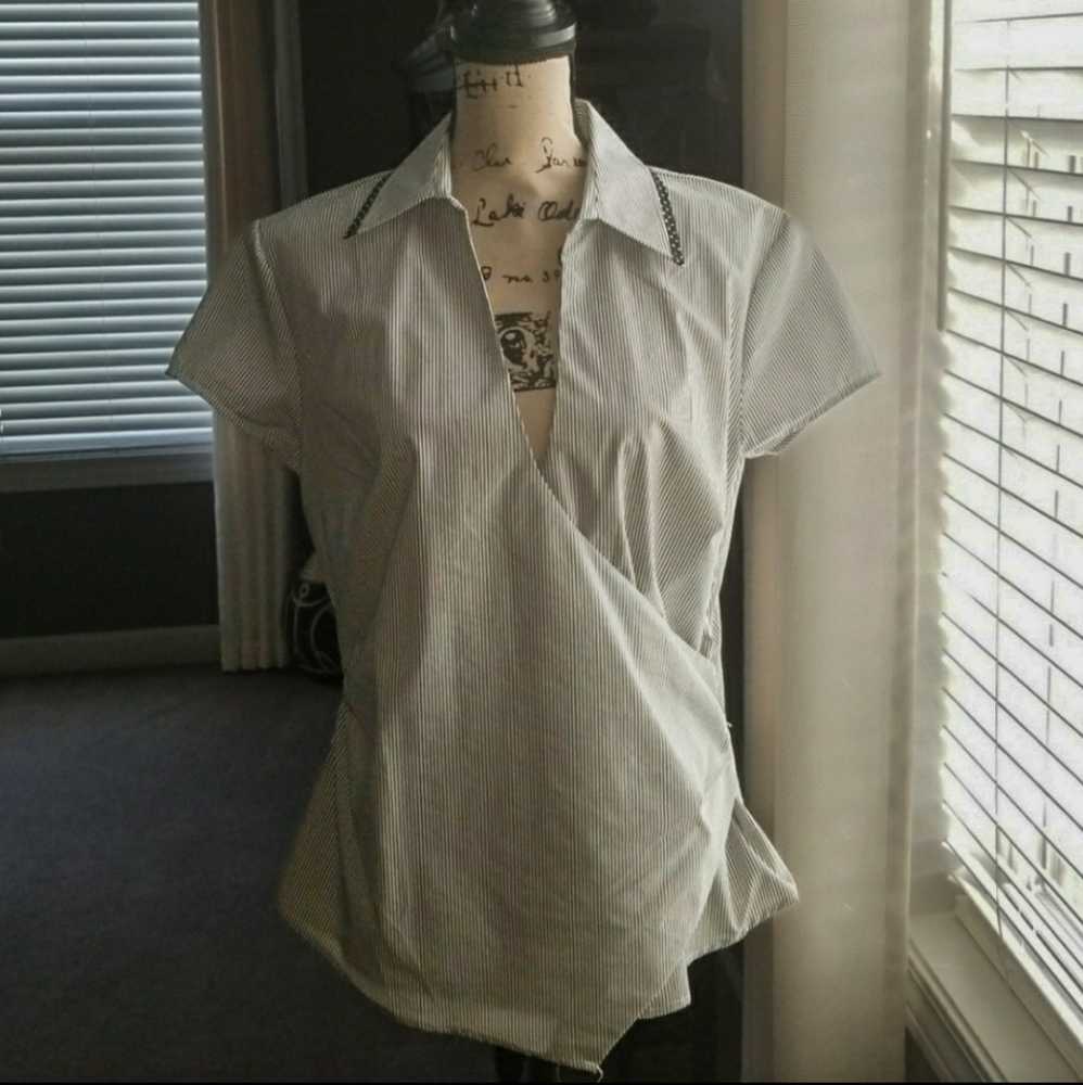 New York & Company Pin Stripe Faux Wrap Blouse